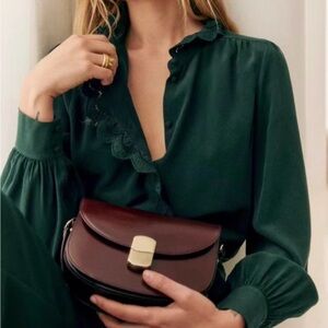 Sezane Chlo French Silk Shirt - Bottle Emerald Green